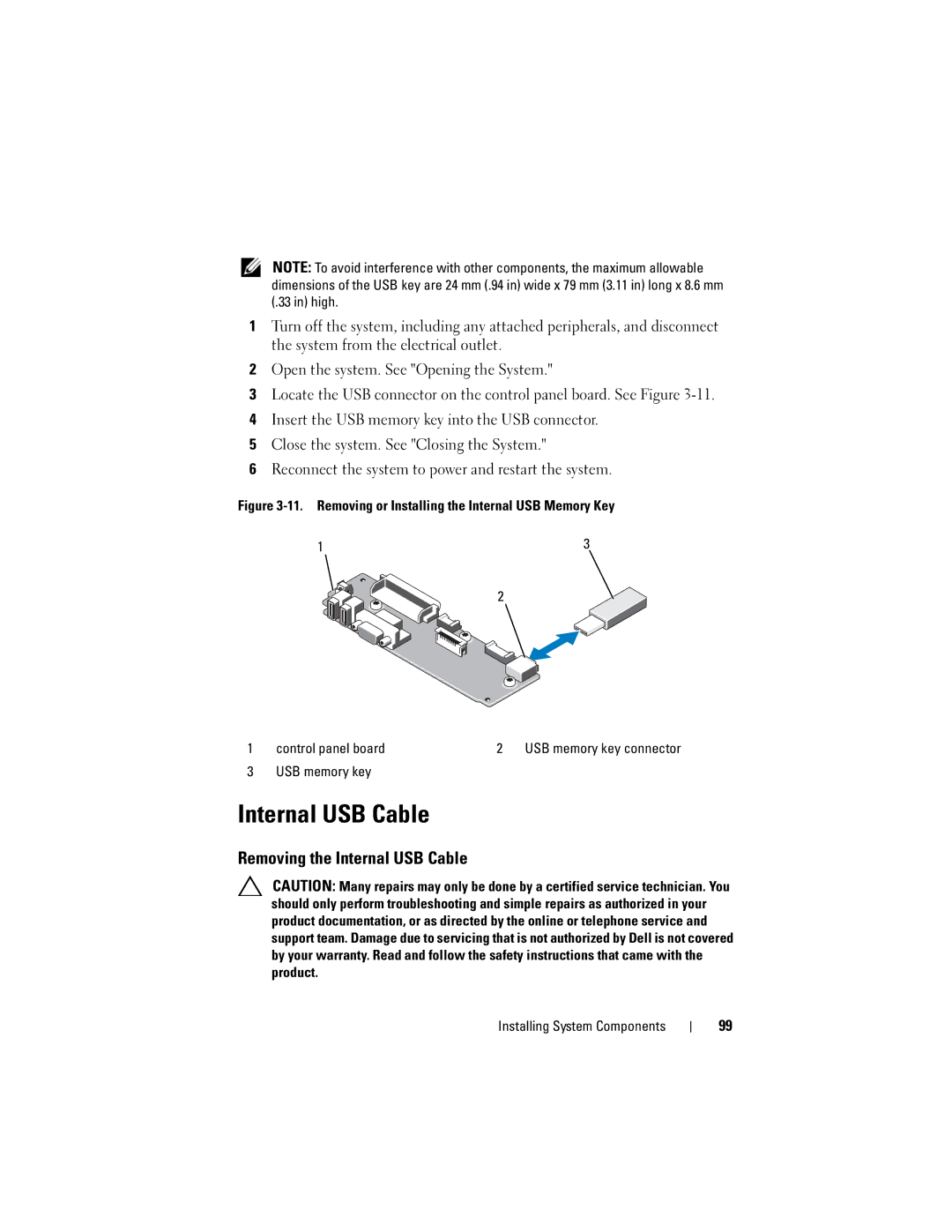 Dell R610 owner manual Removing the Internal USB Cable, USB memory key 