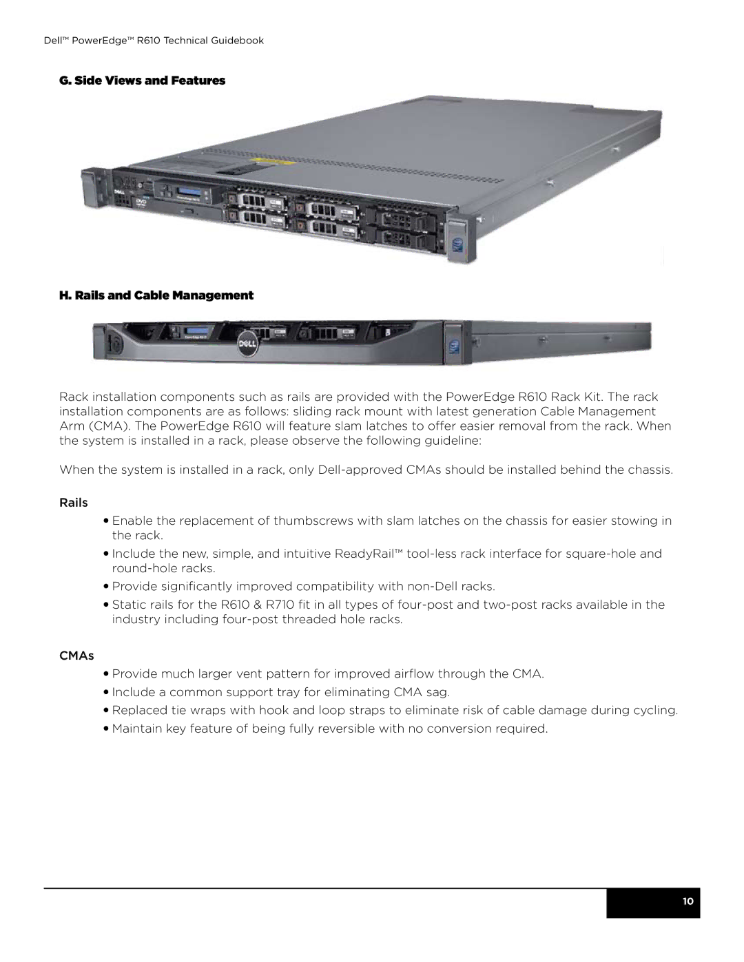 Dell R610 manual Side Views and Features Rails and Cable Management 