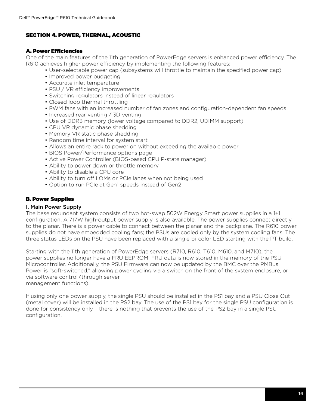 Dell R610 manual Power, Thermal, Acoustic Power Efficiencies, Power Supplies 