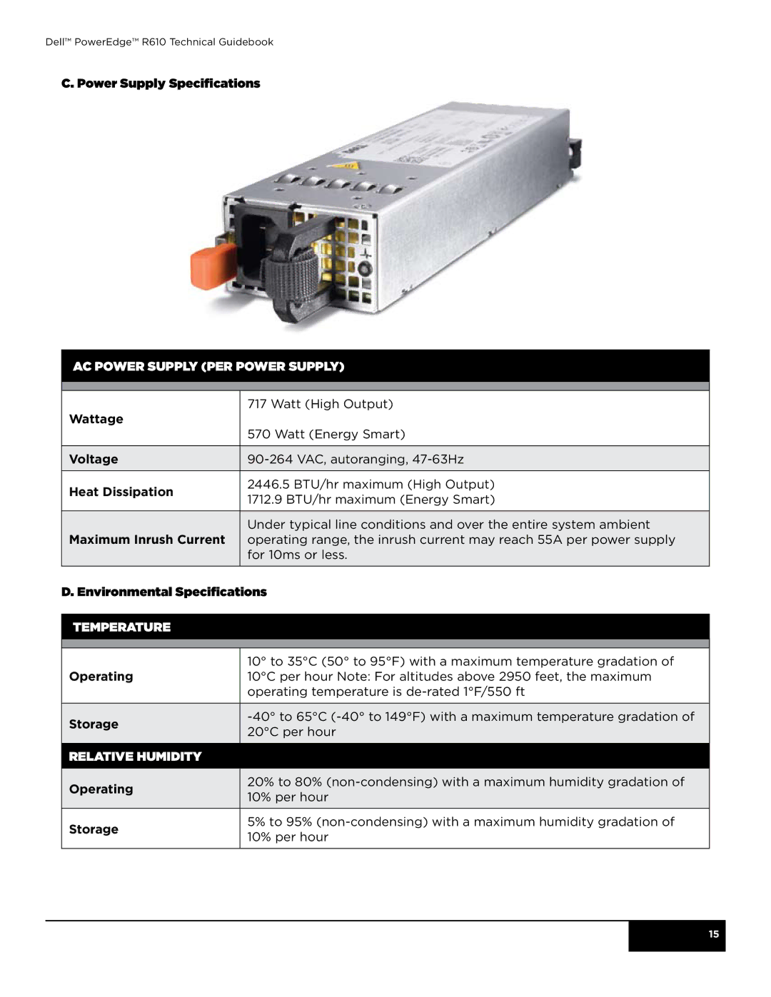 Dell R610 manual AC Power supply per power supply, Temperature, Relative humidity 