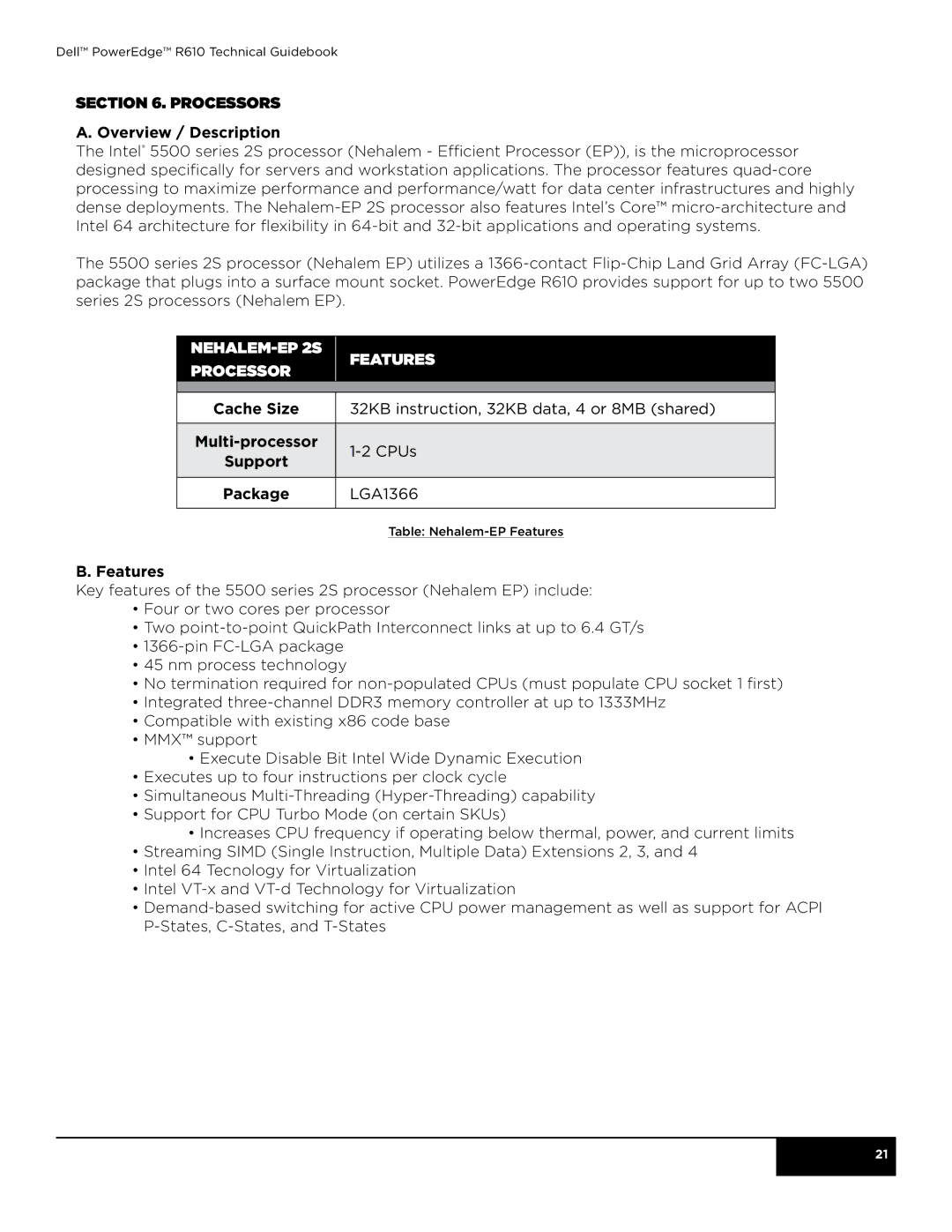 Dell R610 manual Processors Overview / Description, Nehalem-EP 2S Features Processor 