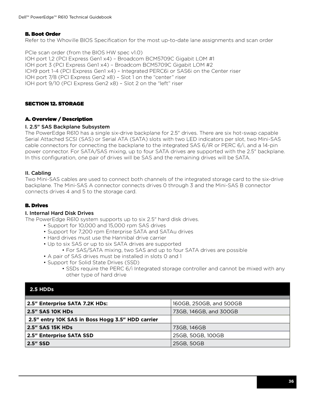 Dell R610 manual Boot Order, Storage Overview / Description, Drives, HDDs 