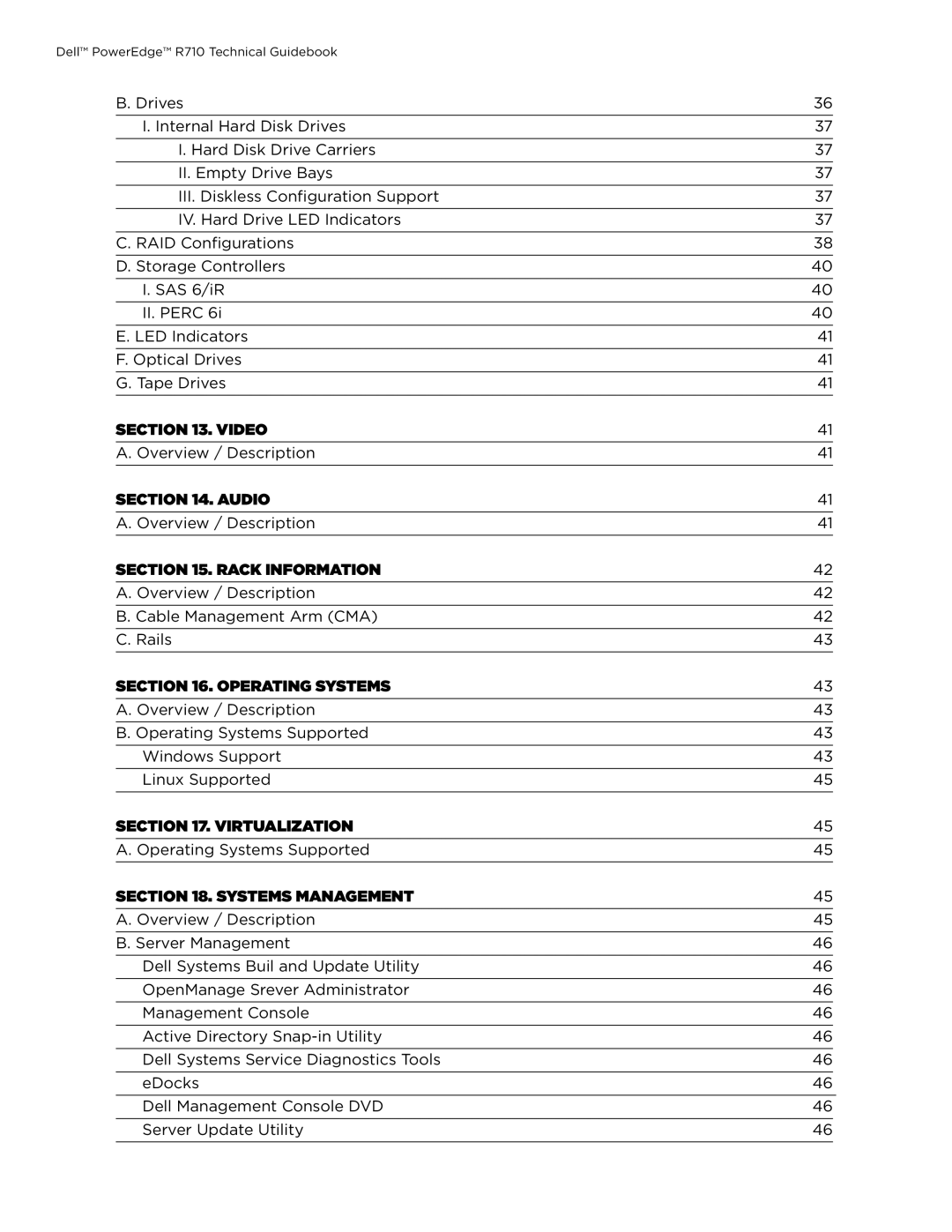 Dell R610 manual Video, Audio, Rack Information, Operating Systems, Virtualization, Systems Management 