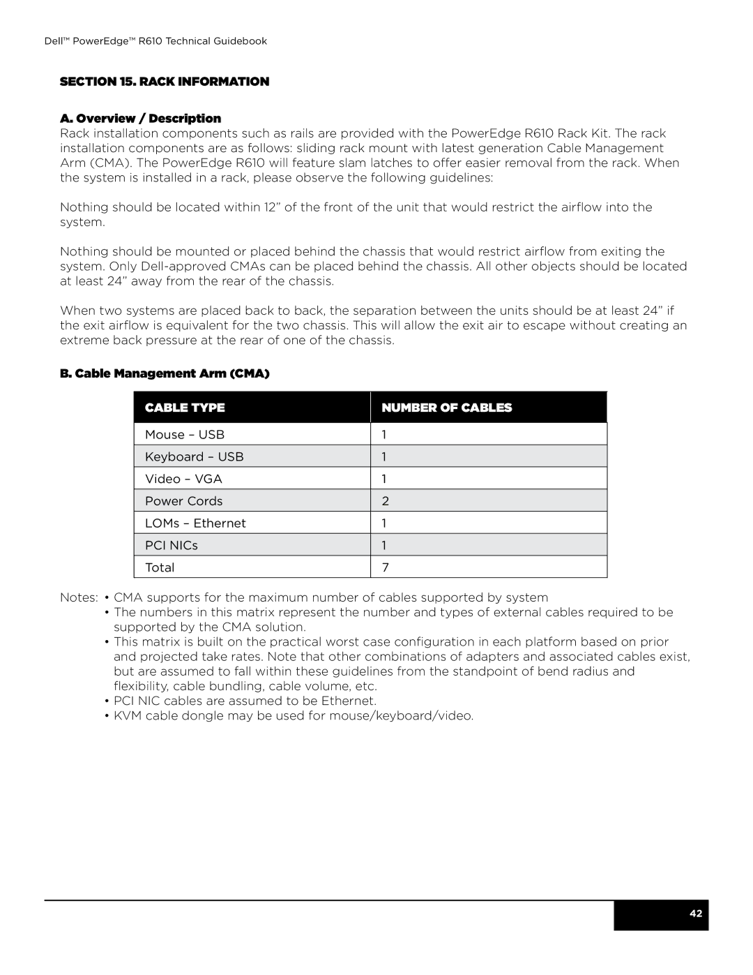 Dell R610 manual Rack Information Overview / Description, Cable Management Arm CMA, Cable Type Number of cables 