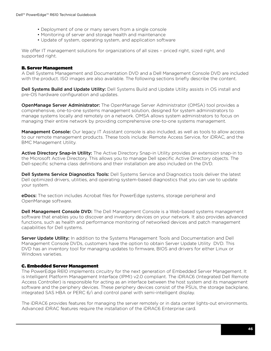 Dell R610 manual Embedded Server Management 