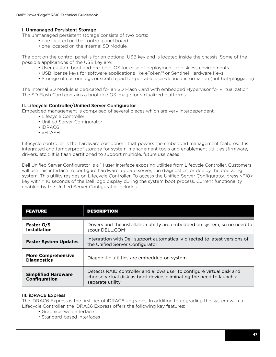 Dell R610 manual Feature Description 