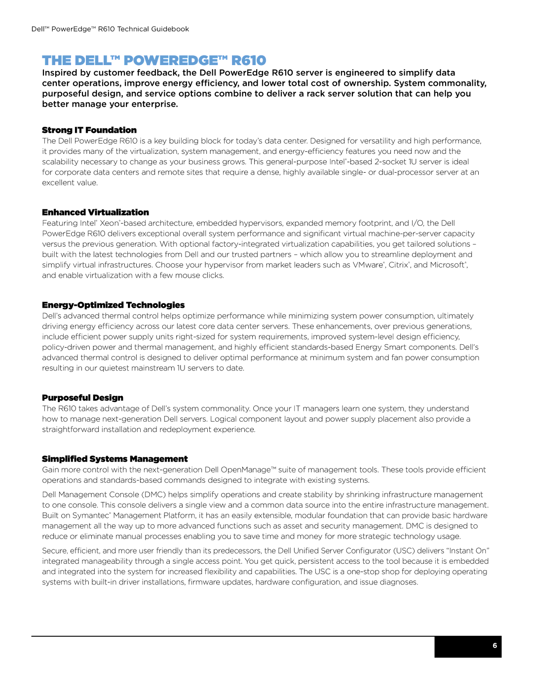 Dell R610 manual Strong IT Foundation, Enhanced Virtualization, Energy-Optimized Technologies, Purposeful Design 