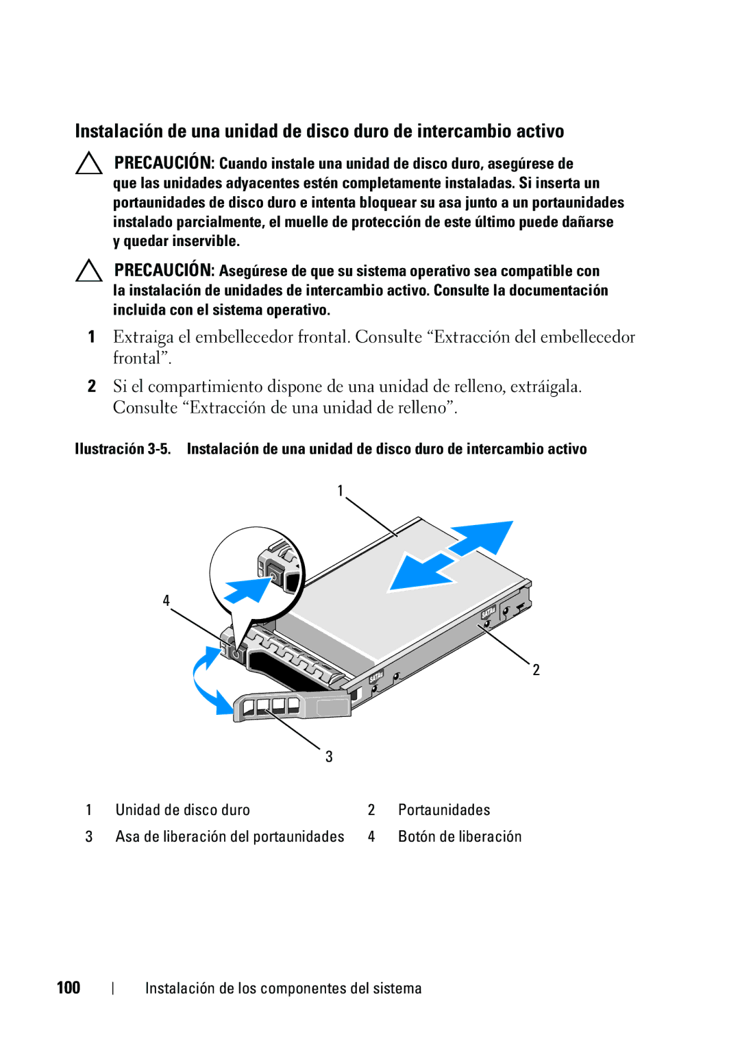 Dell R610 manual 100, Unidad de disco duro Portaunidades 