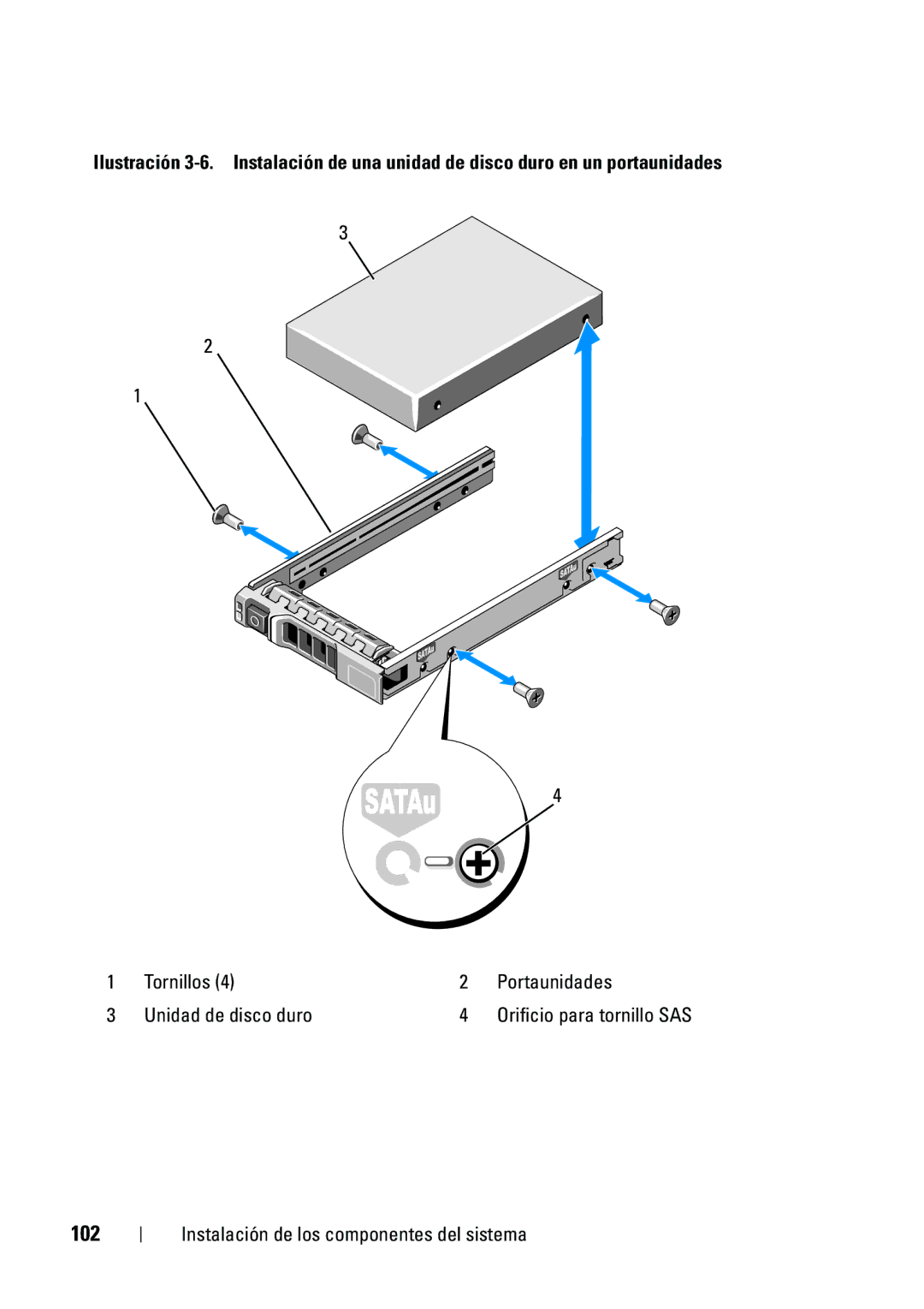 Dell R610 manual 102, Tornillos Portaunidades Unidad de disco duro 