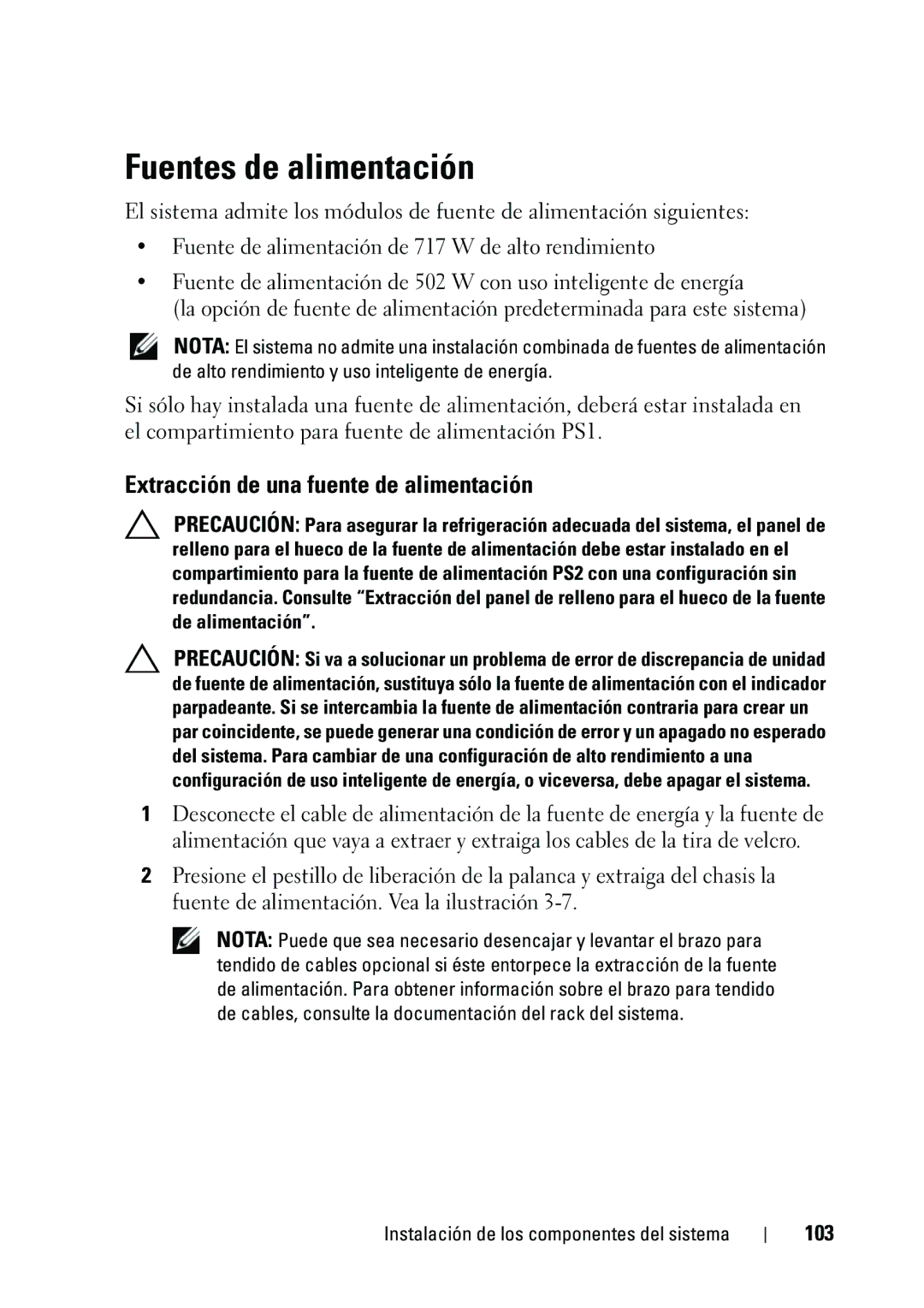 Dell R610 manual Fuentes de alimentación, Extracción de una fuente de alimentación, 103 