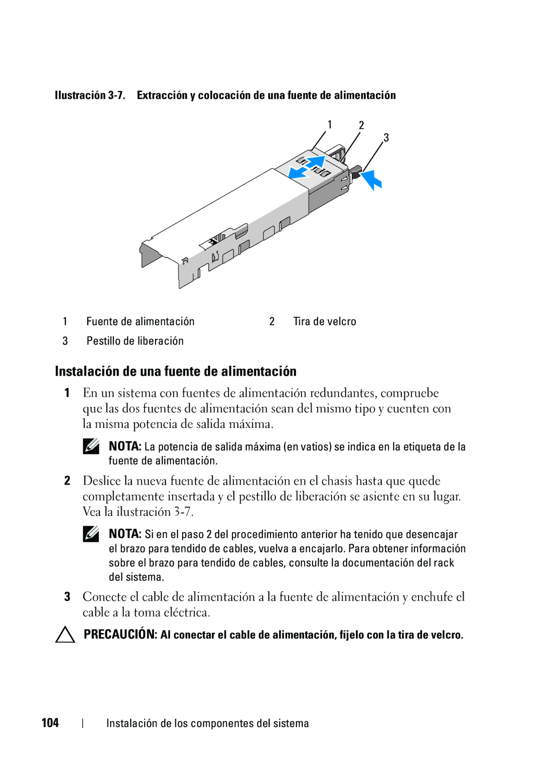 Dell R610 manual Instalación de una fuente de alimentación, 104, Fuente de alimentación, Pestillo de liberación 