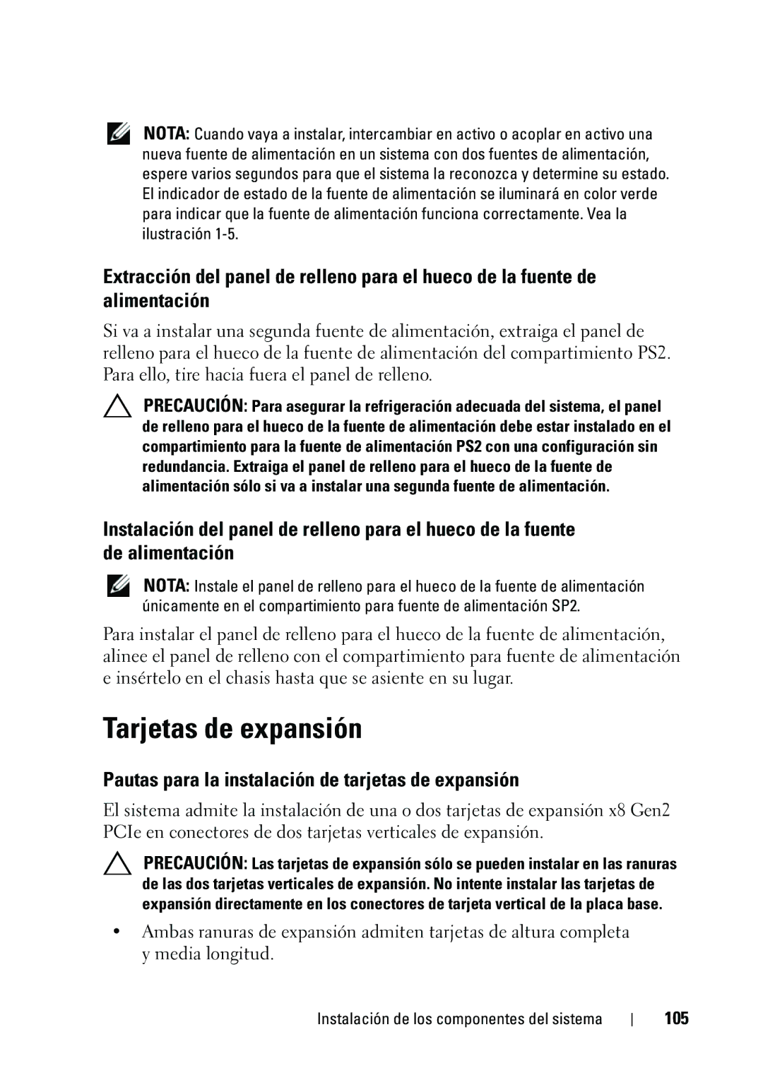 Dell R610 manual Tarjetas de expansión, Pautas para la instalación de tarjetas de expansión, 105 