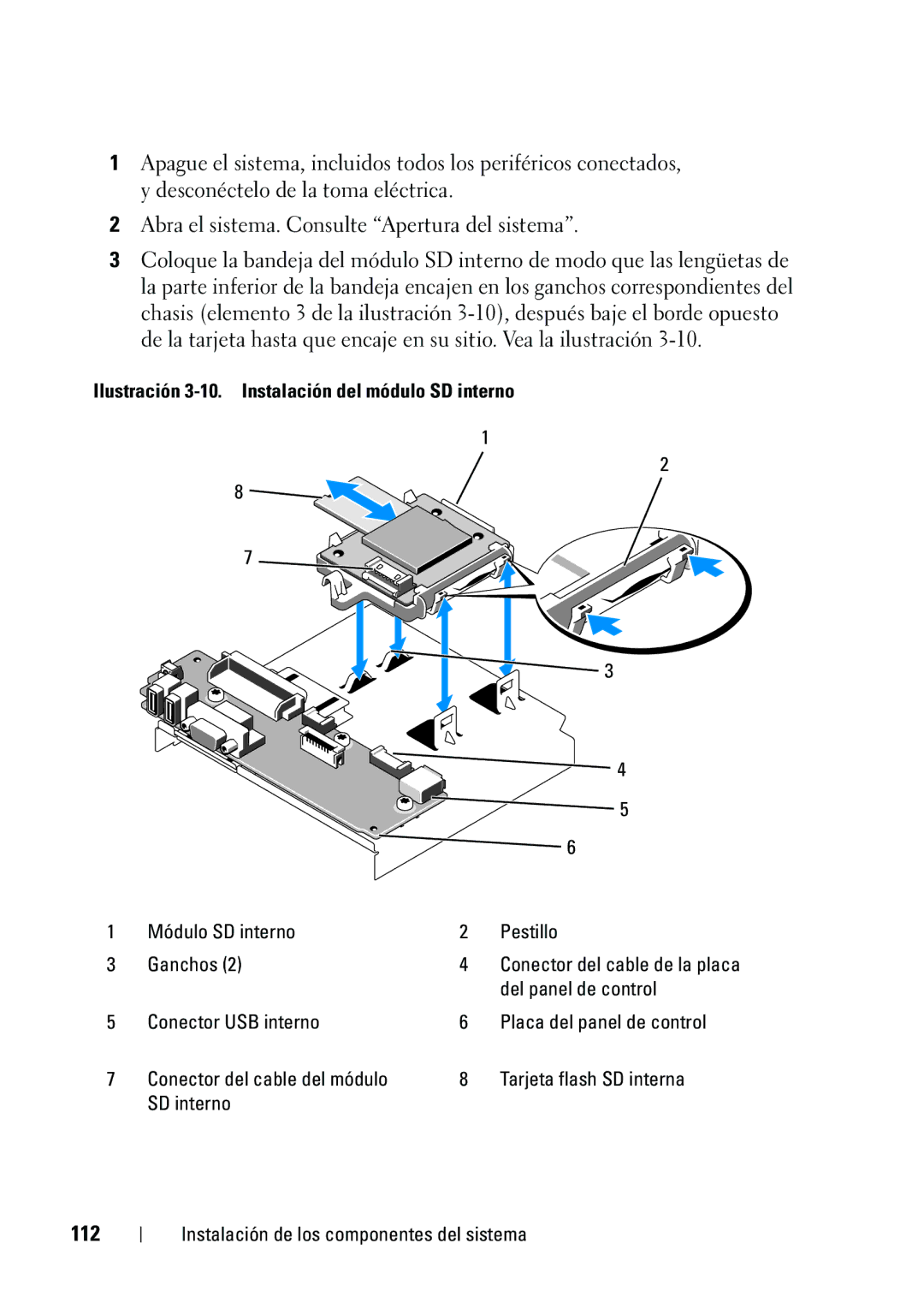 Dell R610 manual 112, Ilustración 3-10. Instalación del módulo SD interno, Módulo SD interno Pestillo Ganchos 