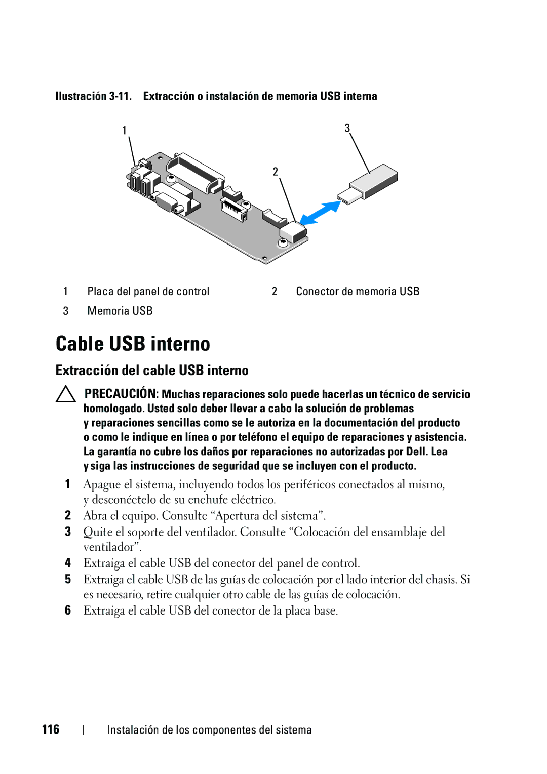 Dell R610 manual Cable USB interno, Extracción del cable USB interno, 116, Memoria USB 