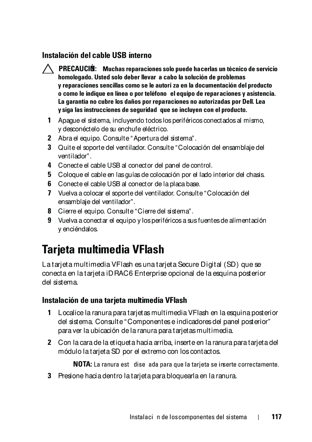 Dell R610 Tarjeta multimedia VFlash, Instalación del cable USB interno, Instalación de una tarjeta multimedia VFlash, 117 