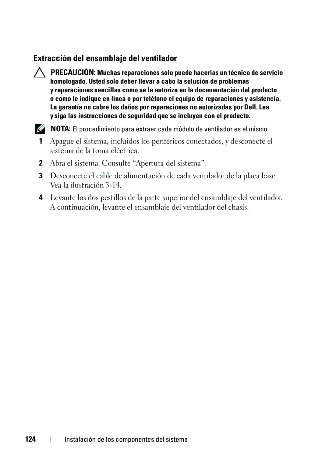 Dell R610 manual Extracción del ensamblaje del ventilador, 124 