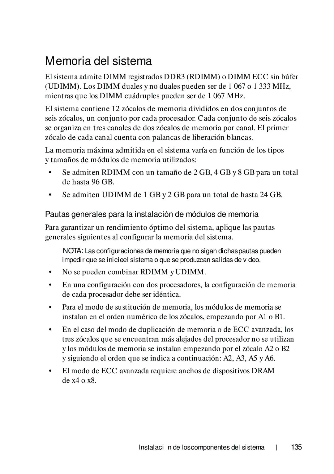 Dell R610 manual Memoria del sistema, Pautas generales para la instalación de módulos de memoria, 135 