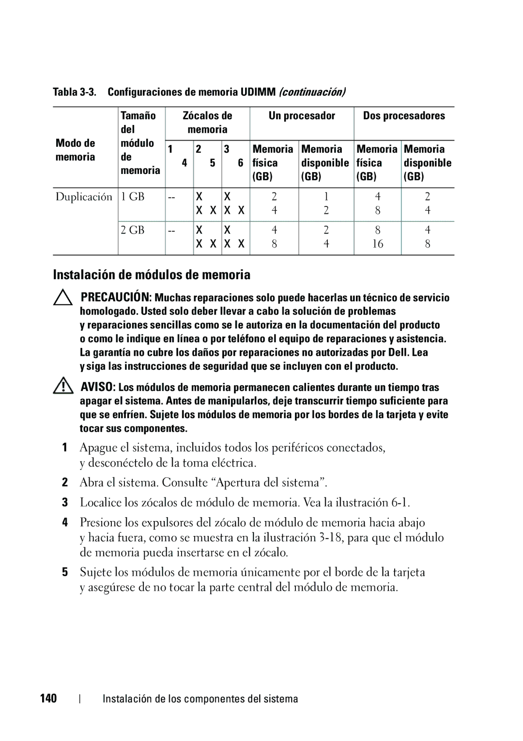 Dell R610 manual Instalación de módulos de memoria, 140 