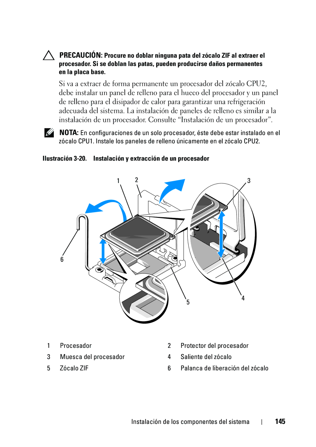 Dell R610 manual 145, Ilustración 3-20. Instalación y extracción de un procesador 