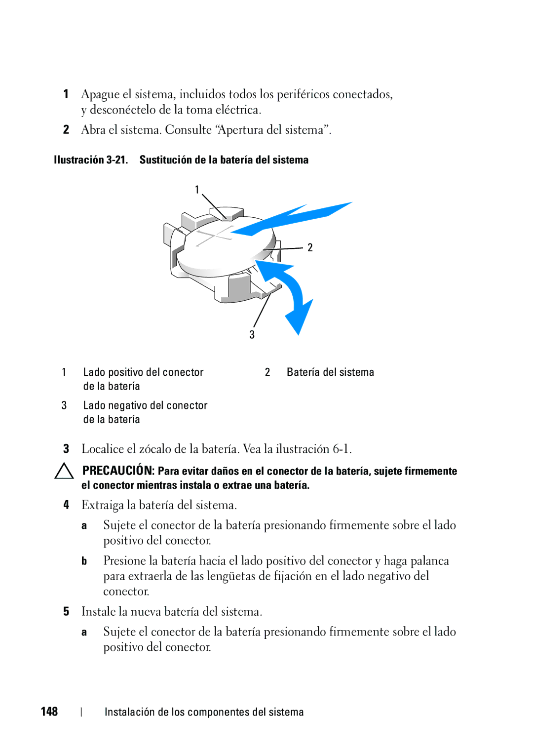 Dell R610 manual 148, Ilustración 3-21. Sustitución de la batería del sistema 