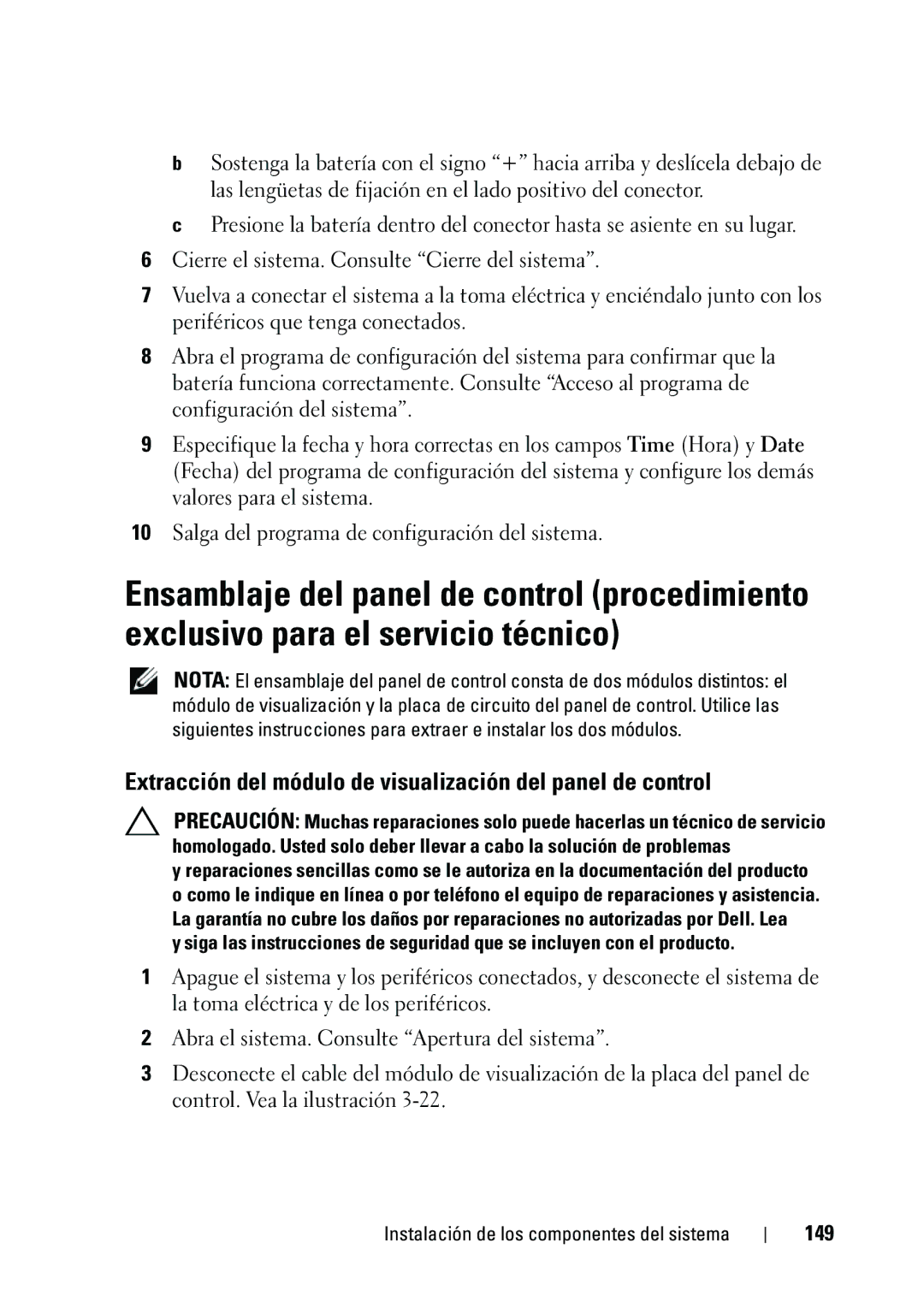 Dell R610 manual Extracción del módulo de visualización del panel de control, 149 