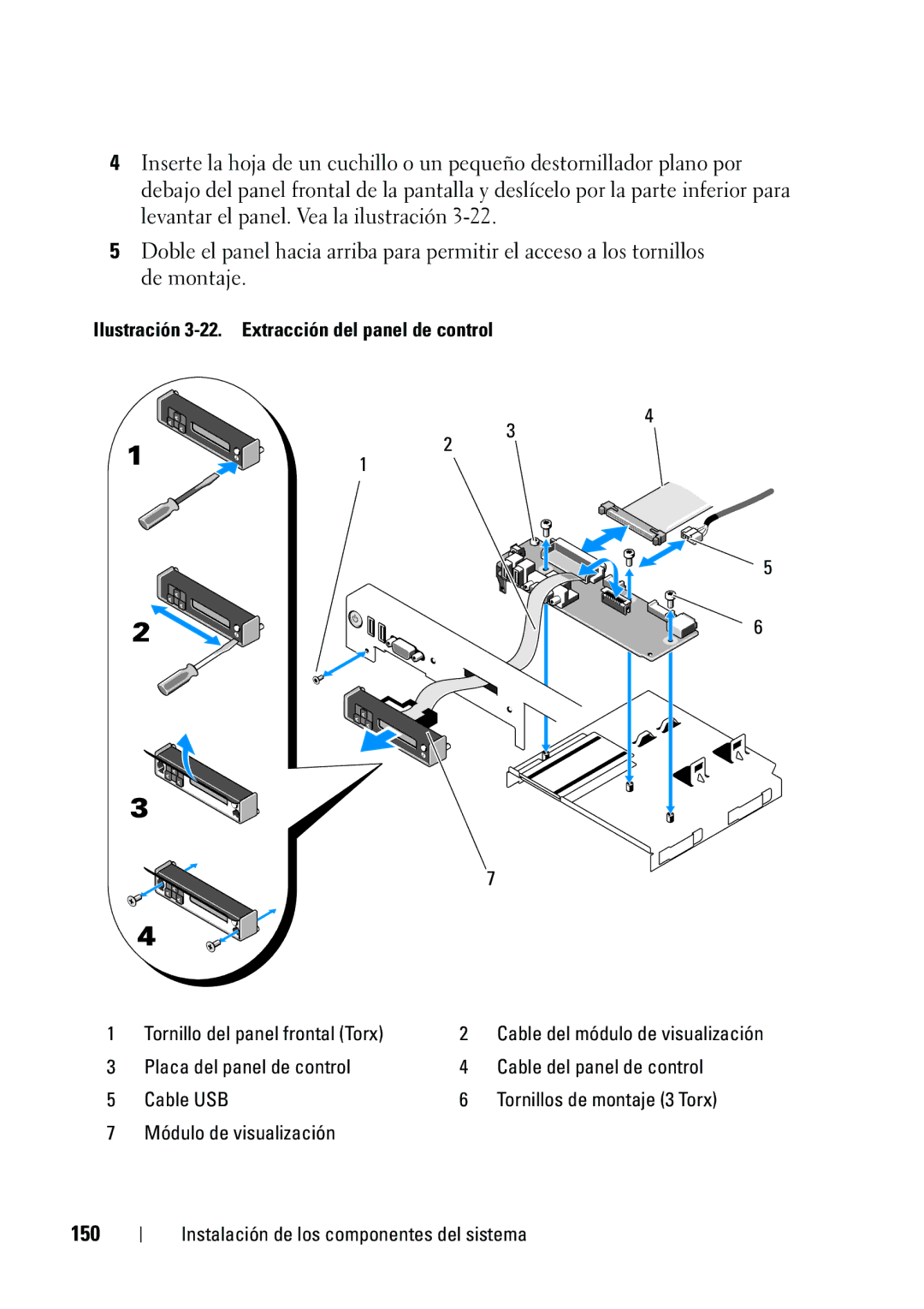 Dell R610 manual 150, Ilustración 3-22. Extracción del panel de control, Tornillo del panel frontal Torx 