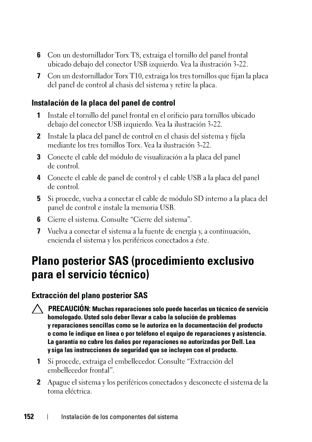 Dell R610 manual Instalación de la placa del panel de control, Extracción del plano posterior SAS, 152 