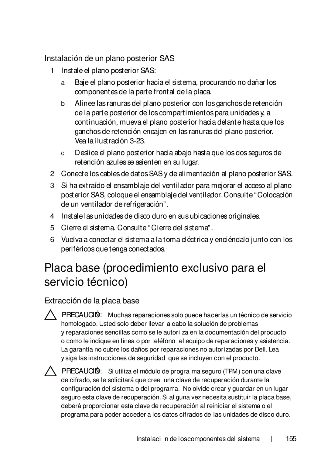 Dell R610 manual Placa base procedimiento exclusivo para el servicio técnico, Instalación de un plano posterior SAS, 155 