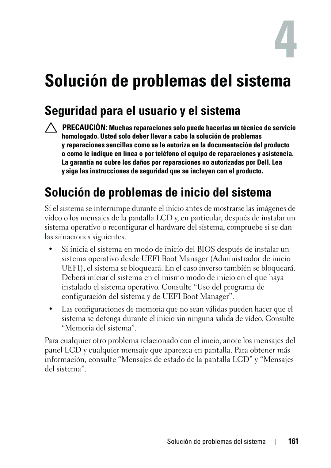 Dell R610 manual Seguridad para el usuario y el sistema, Solución de problemas de inicio del sistema, 161 