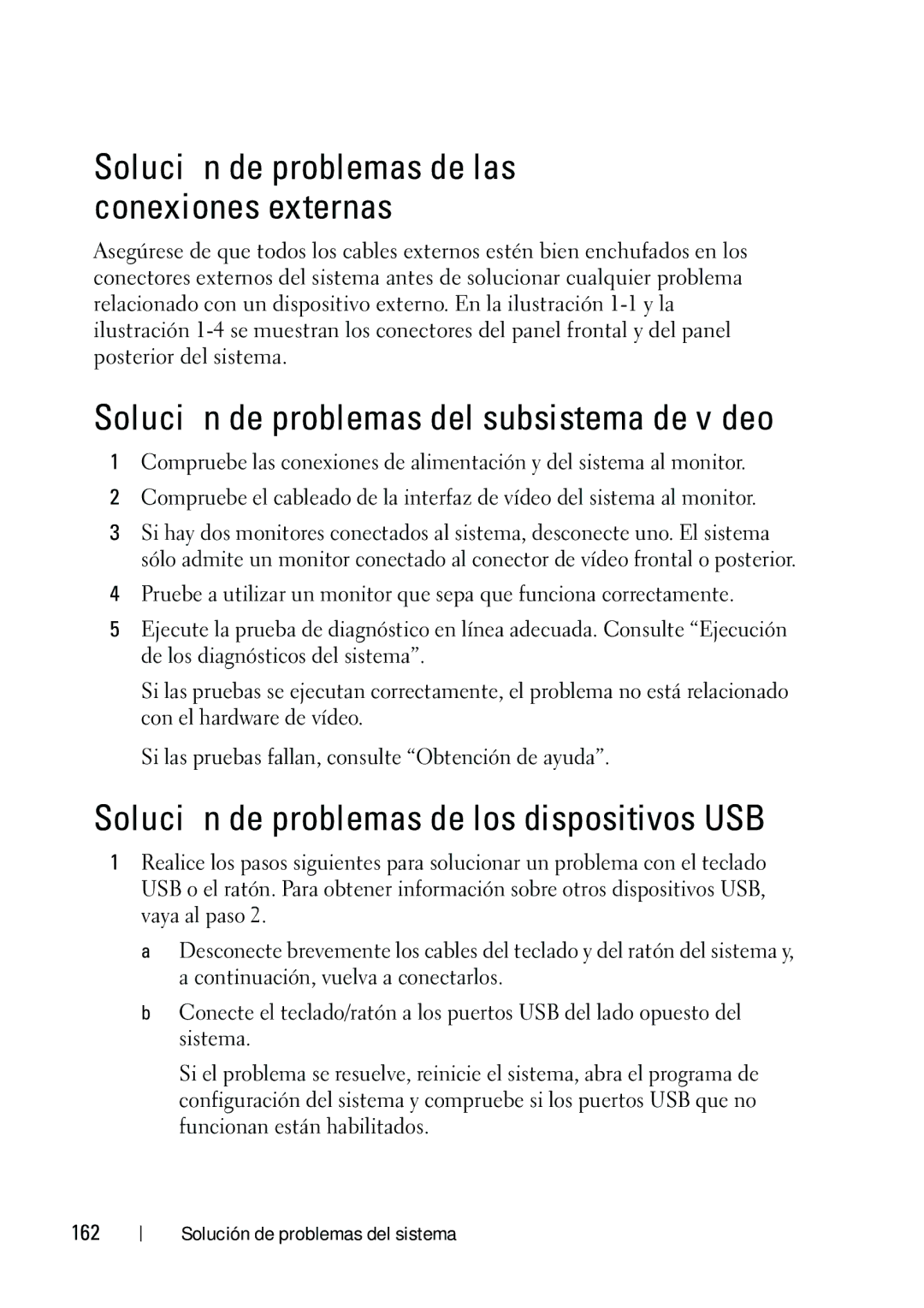 Dell R610 manual Solución de problemas del subsistema de vídeo, Solución de problemas de los dispositivos USB, 162 