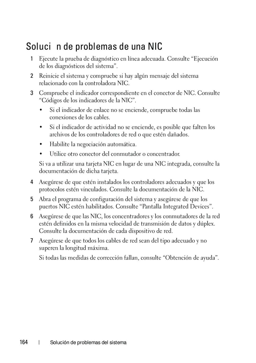 Dell R610 manual Solución de problemas de una NIC, 164 