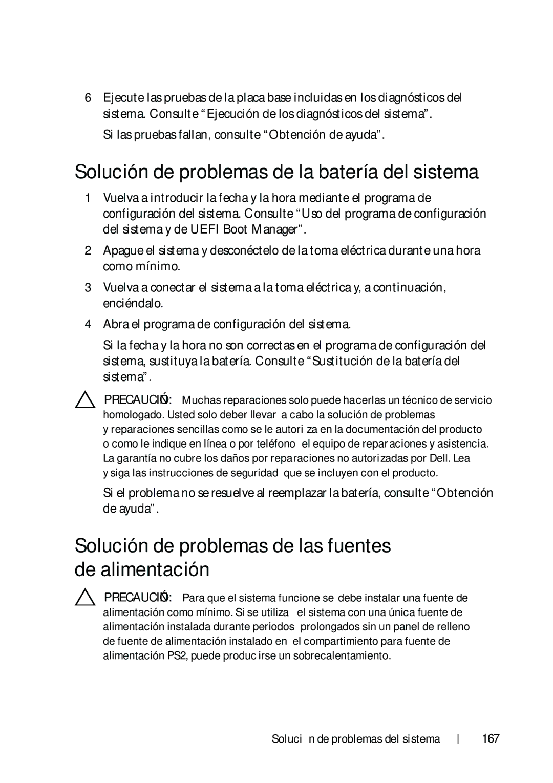 Dell R610 manual Solución de problemas de la batería del sistema, Solución de problemas de las fuentes de alimentación, 167 