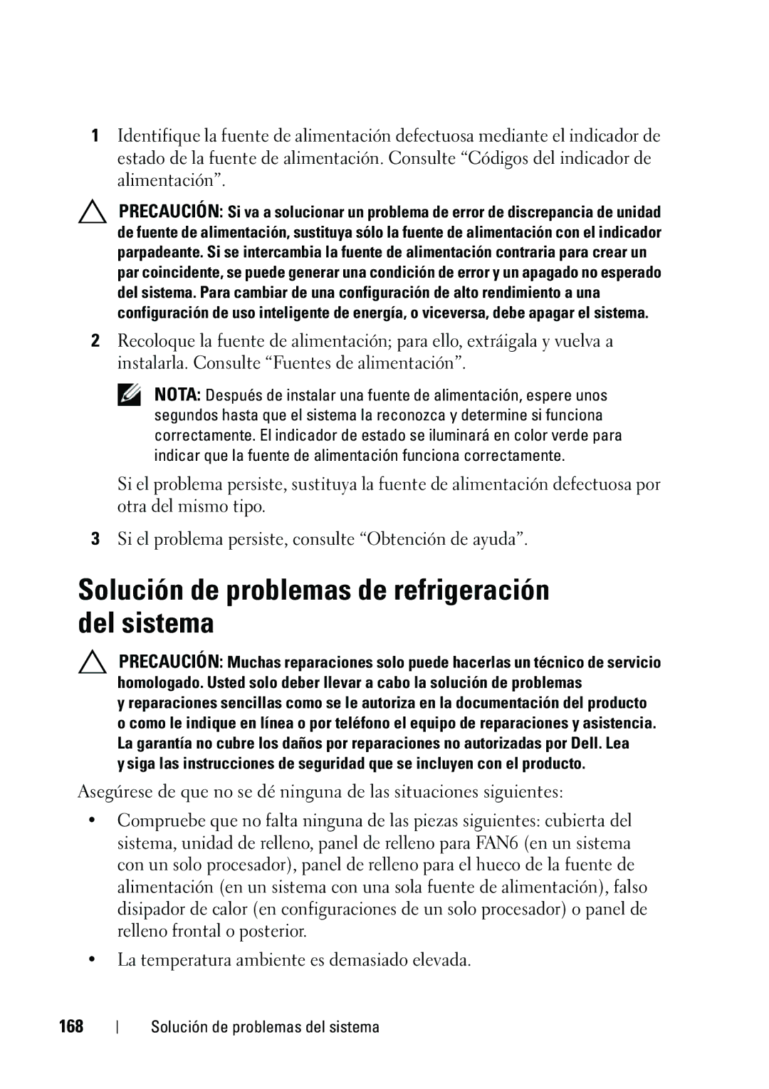 Dell R610 manual Solución de problemas de refrigeración del sistema, 168 