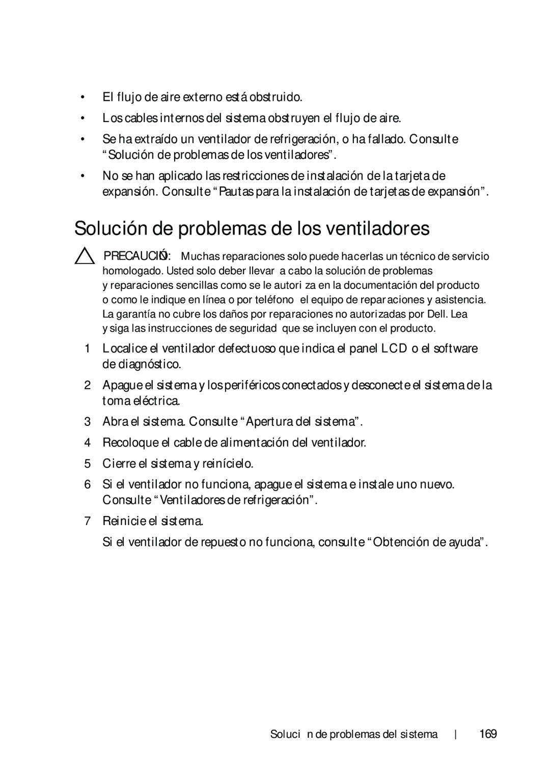 Dell R610 manual Solución de problemas de los ventiladores, 169 