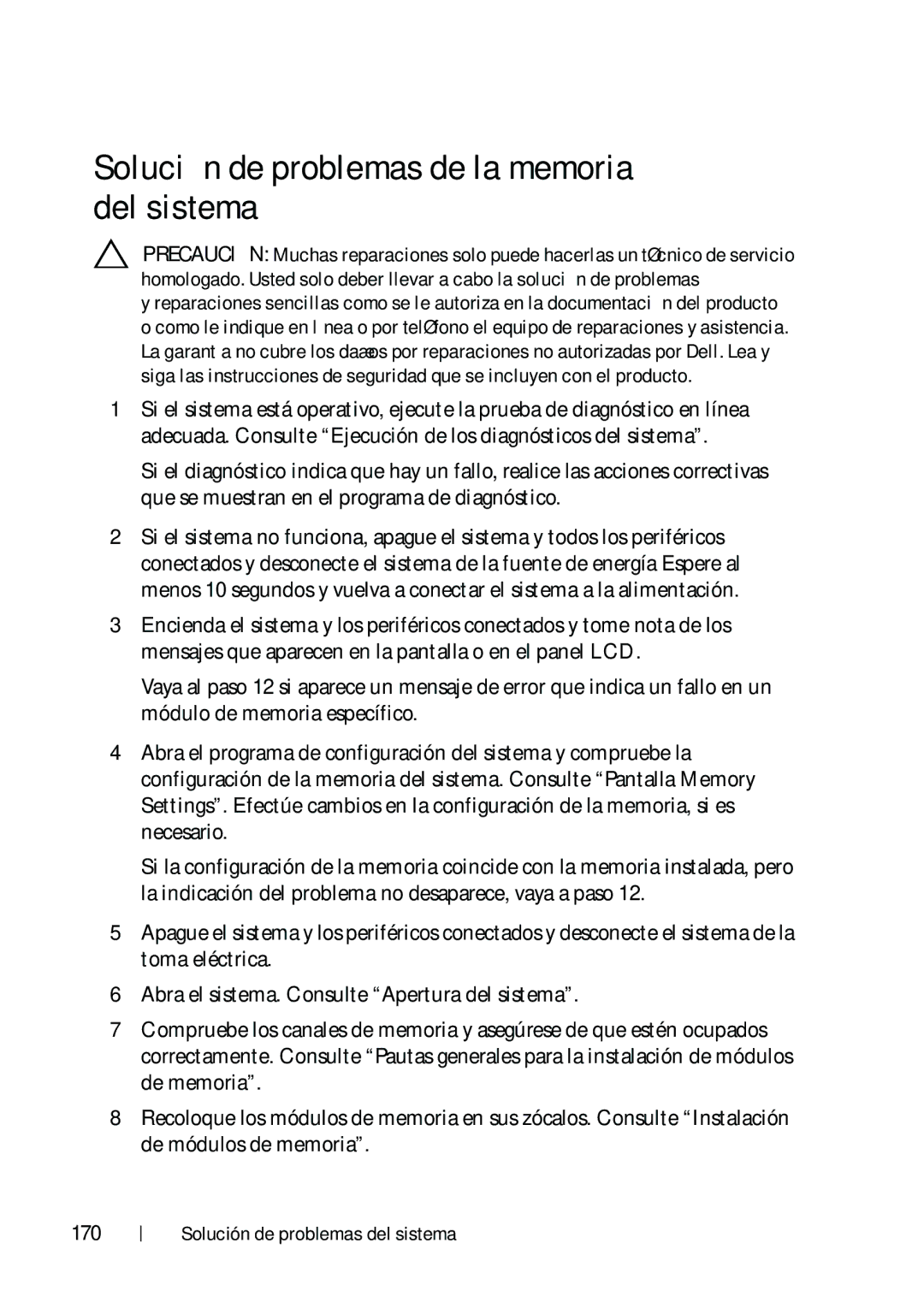 Dell R610 manual Solución de problemas de la memoria del sistema, 170 