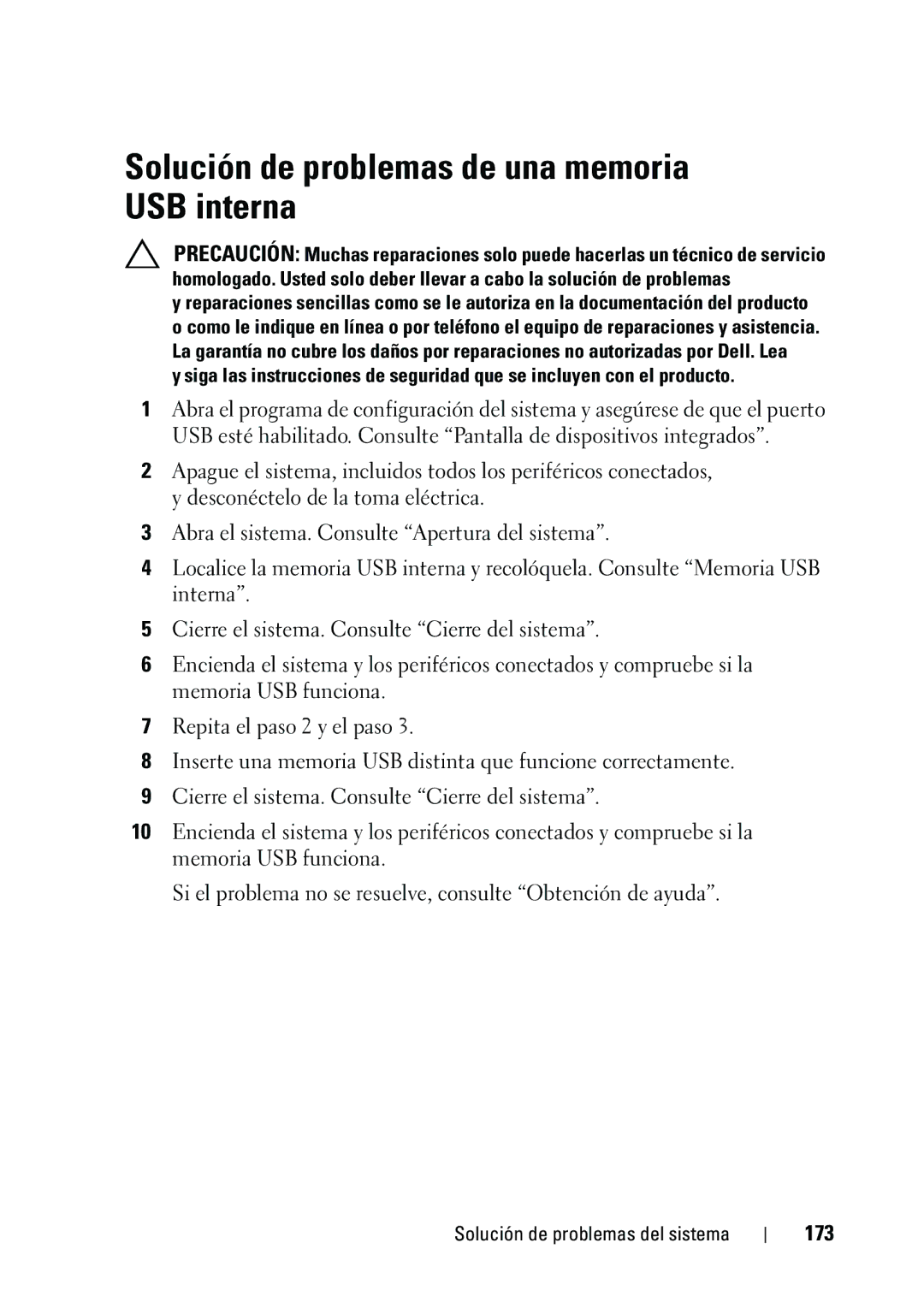 Dell R610 manual Solución de problemas de una memoria USB interna, 173 