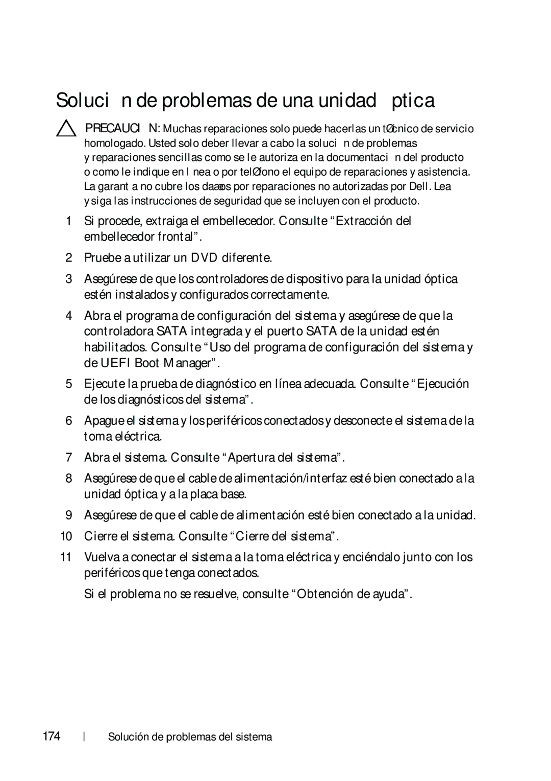 Dell R610 manual Solución de problemas de una unidad óptica, 174 