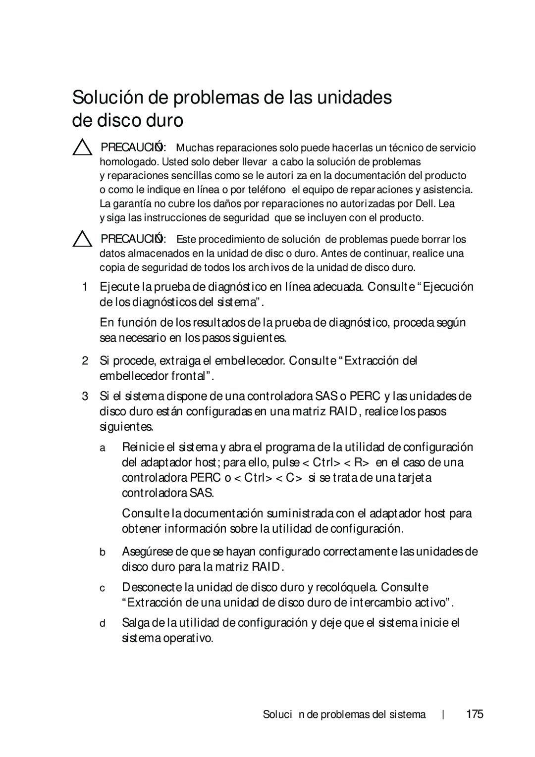 Dell R610 manual Solución de problemas de las unidades de disco duro, 175 