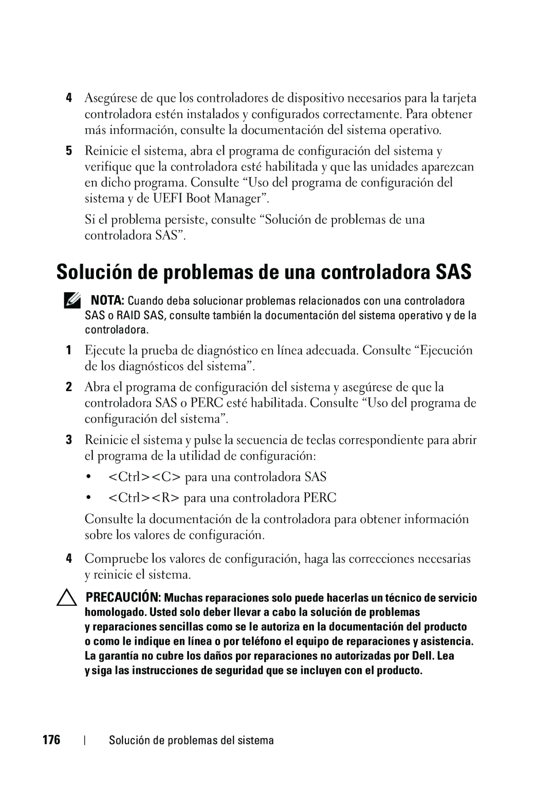 Dell R610 manual Solución de problemas de una controladora SAS, 176 