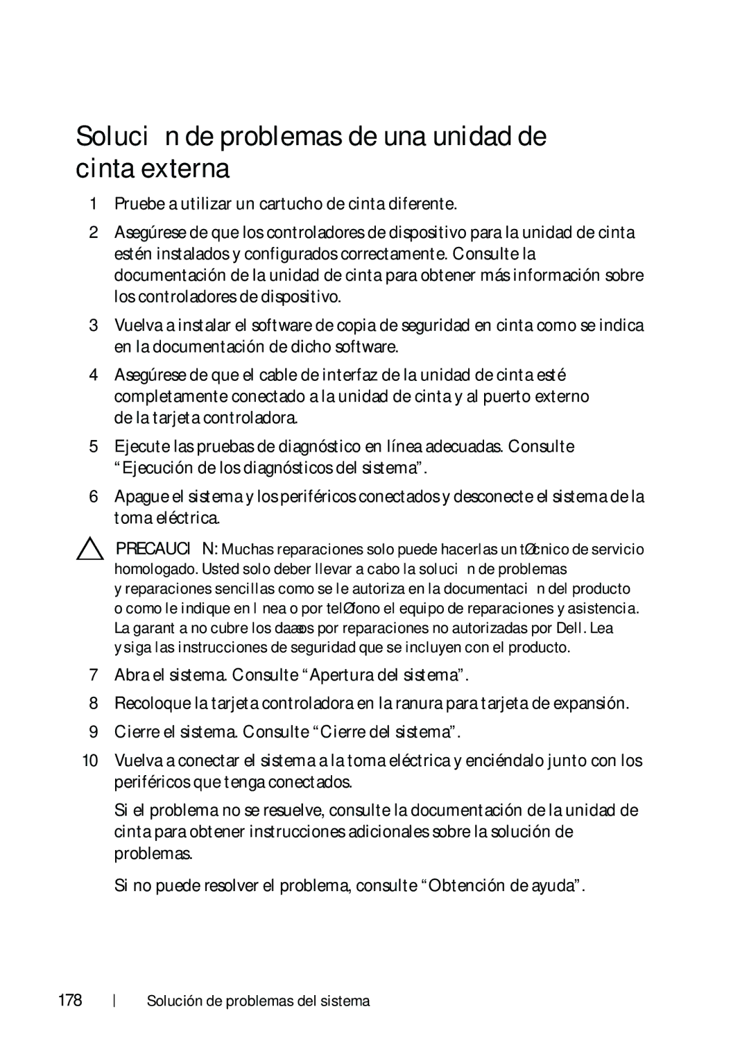 Dell R610 manual Solución de problemas de una unidad de cinta externa, 178 