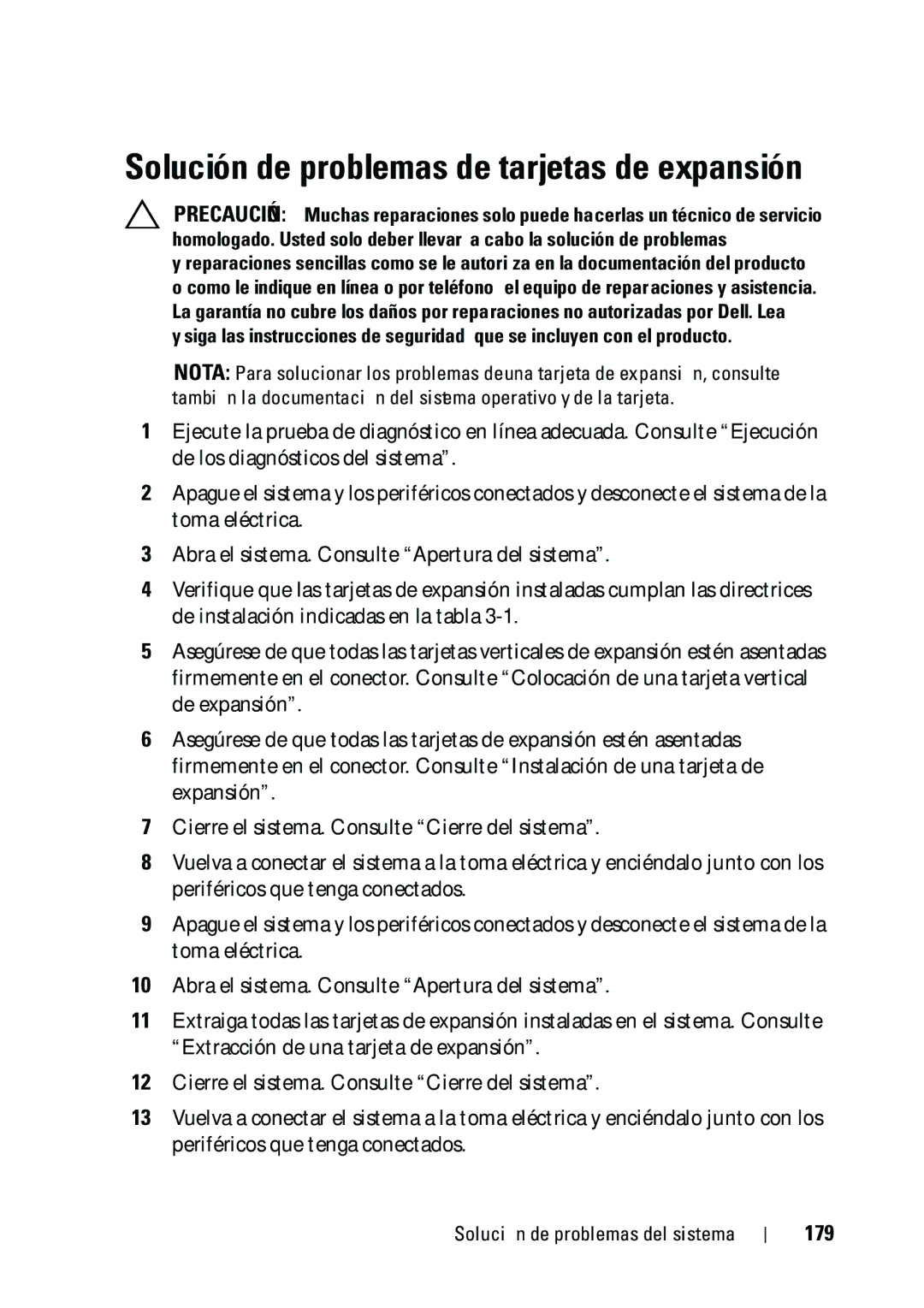 Dell R610 manual Solución de problemas de tarjetas de expansión, 179 