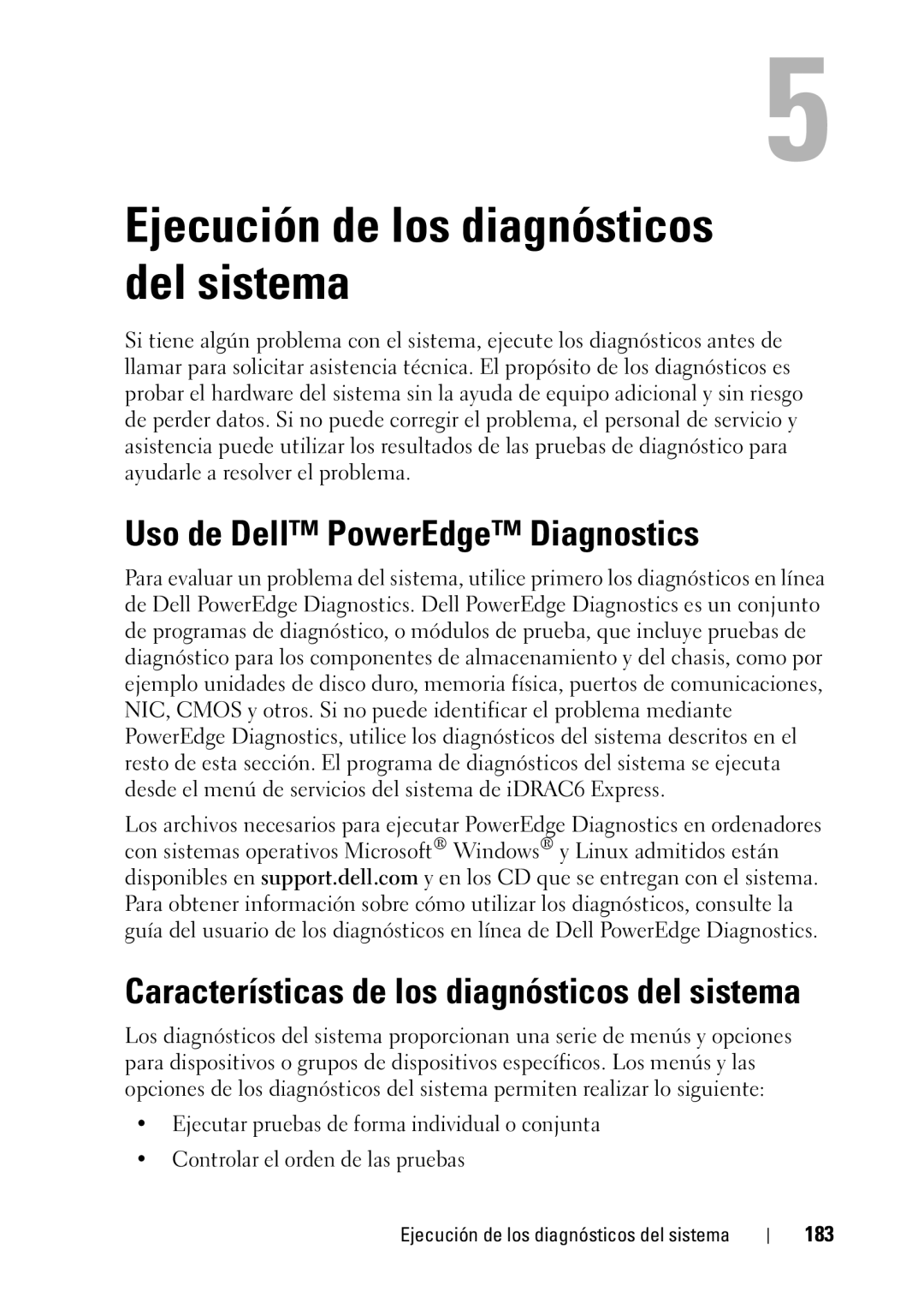 Dell R610 manual Uso de Dell PowerEdge Diagnostics, Características de los diagnósticos del sistema, 183 