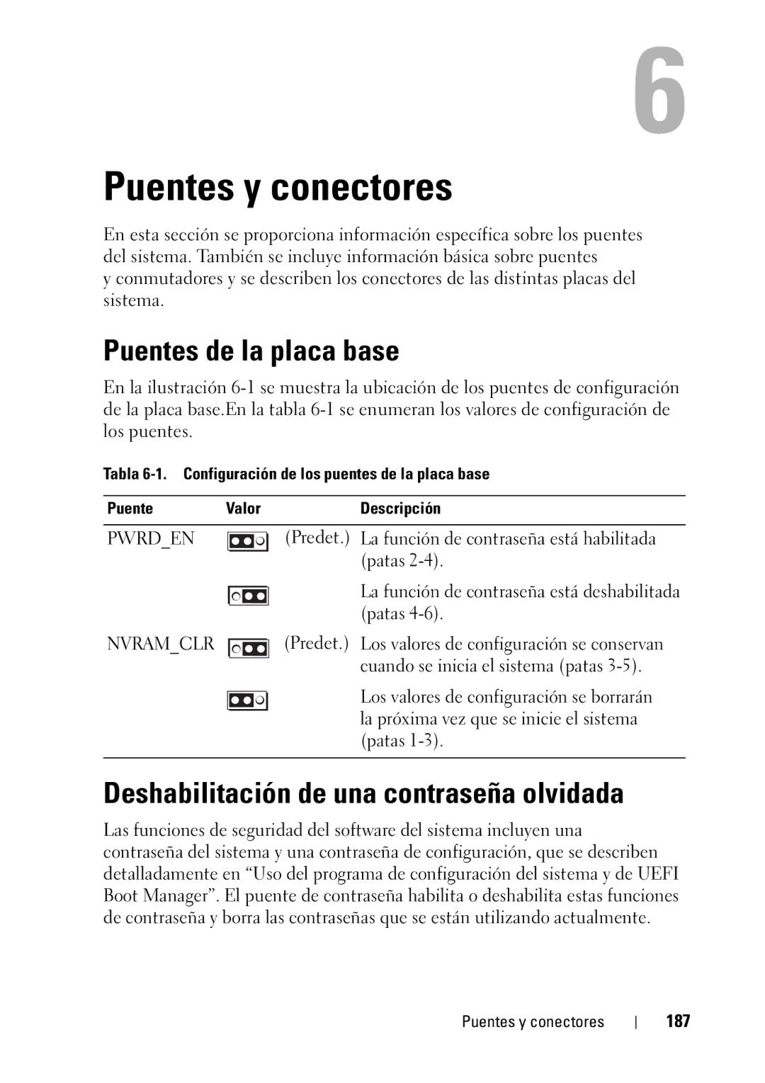 Dell R610 manual Puentes de la placa base, Deshabilitación de una contraseña olvidada, 187, Puentes y conectores 