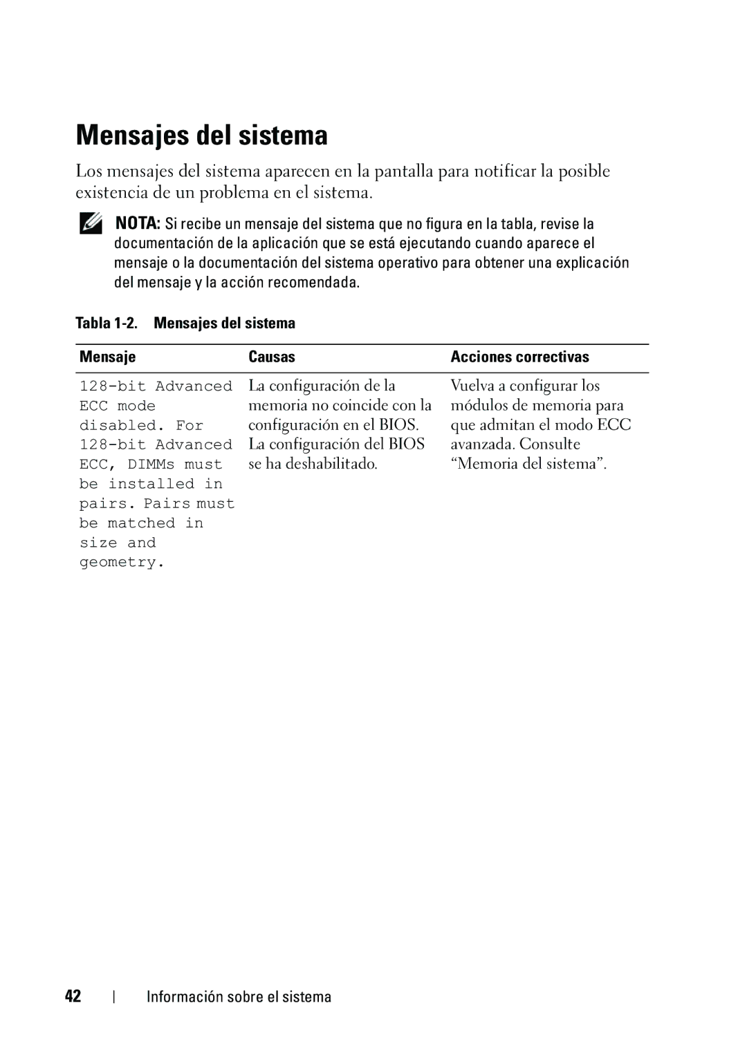 Dell R610 manual Tabla 1-2. Mensajes del sistema Causas 