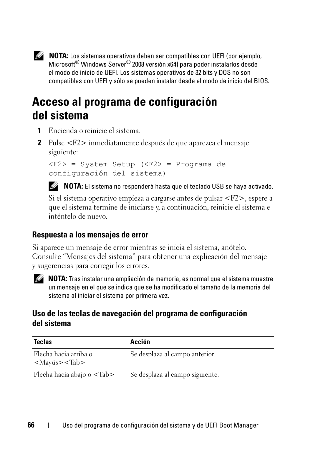 Dell R610 manual Acceso al programa de configuración del sistema, Respuesta a los mensajes de error, Teclas Acción 