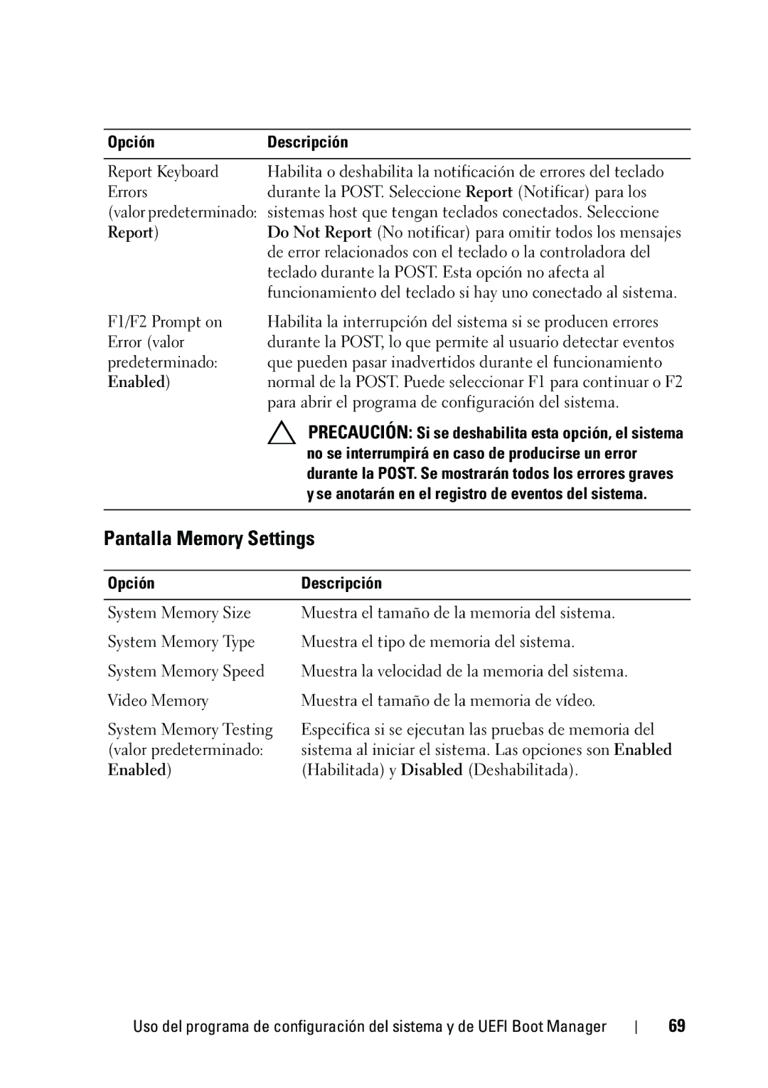 Dell R610 manual Pantalla Memory Settings, Report 