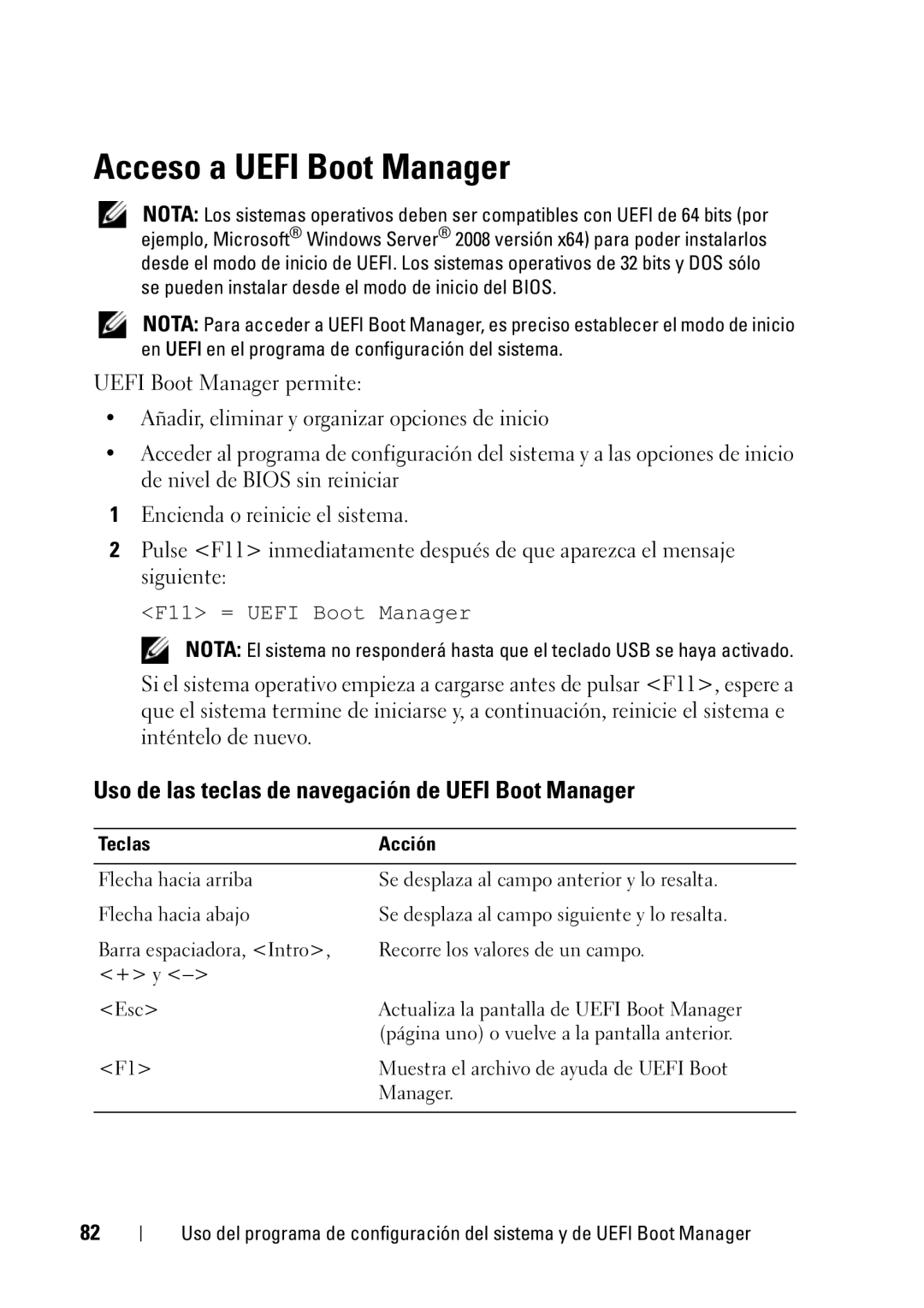 Dell R610 manual Acceso a Uefi Boot Manager, Uso de las teclas de navegación de Uefi Boot Manager 