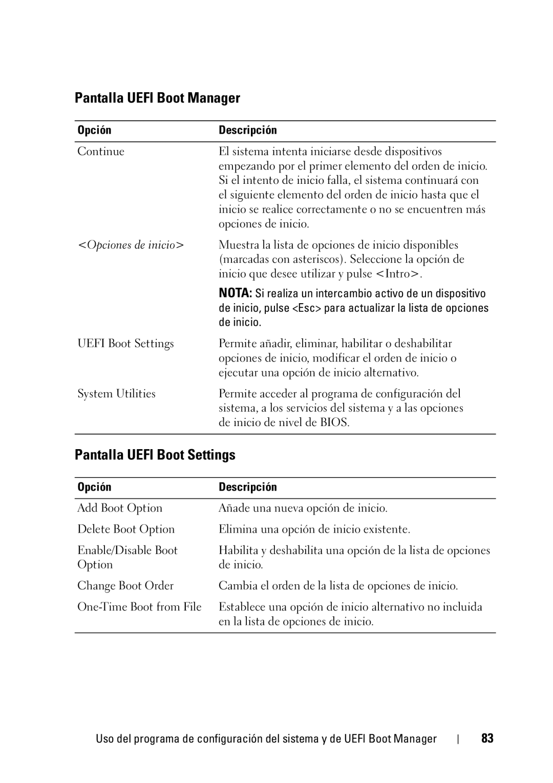 Dell R610 manual Pantalla Uefi Boot Manager, Pantalla Uefi Boot Settings, De inicio 