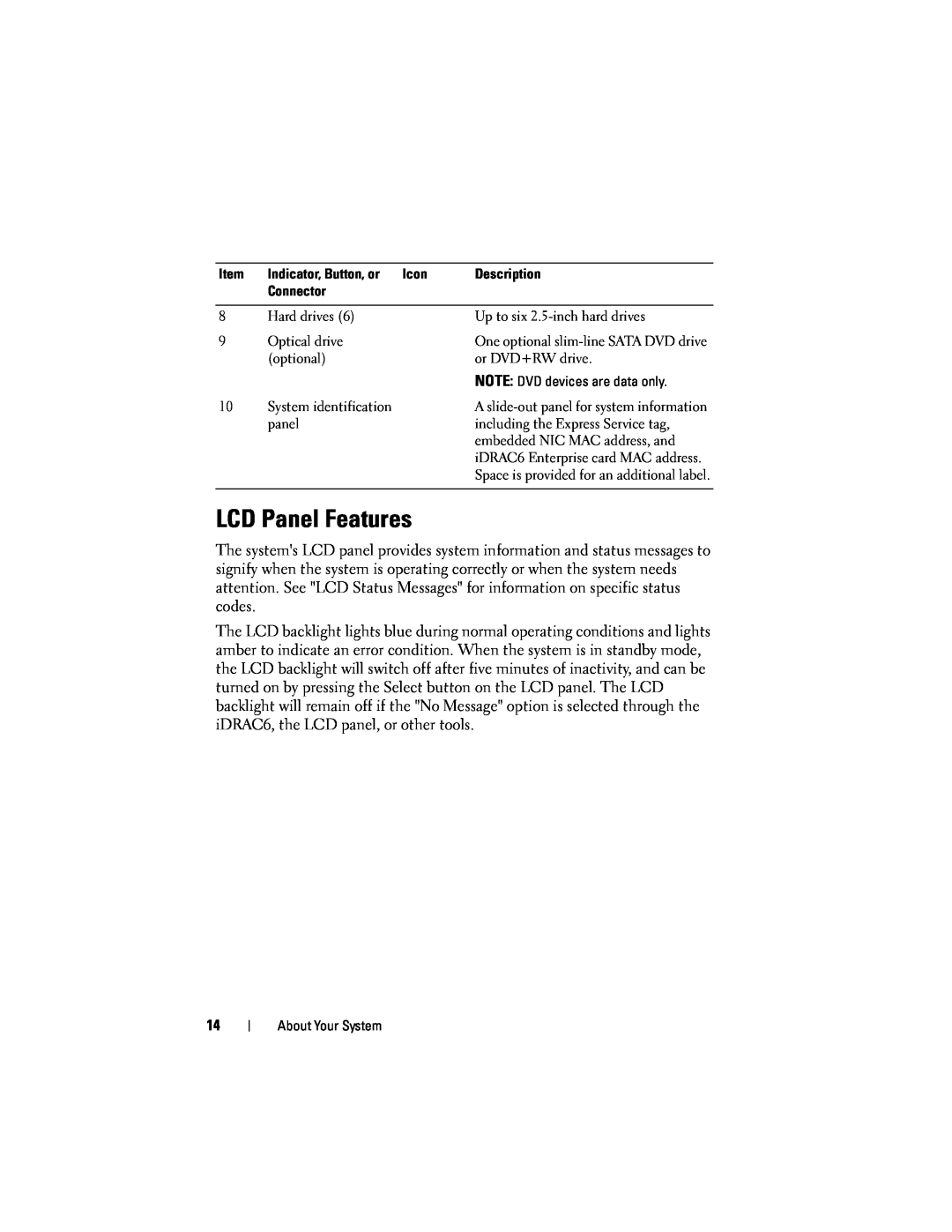 Dell R610 owner manual LCD Panel Features, One optional slim-line SATA DVD drive, A slide-out panel for system information 