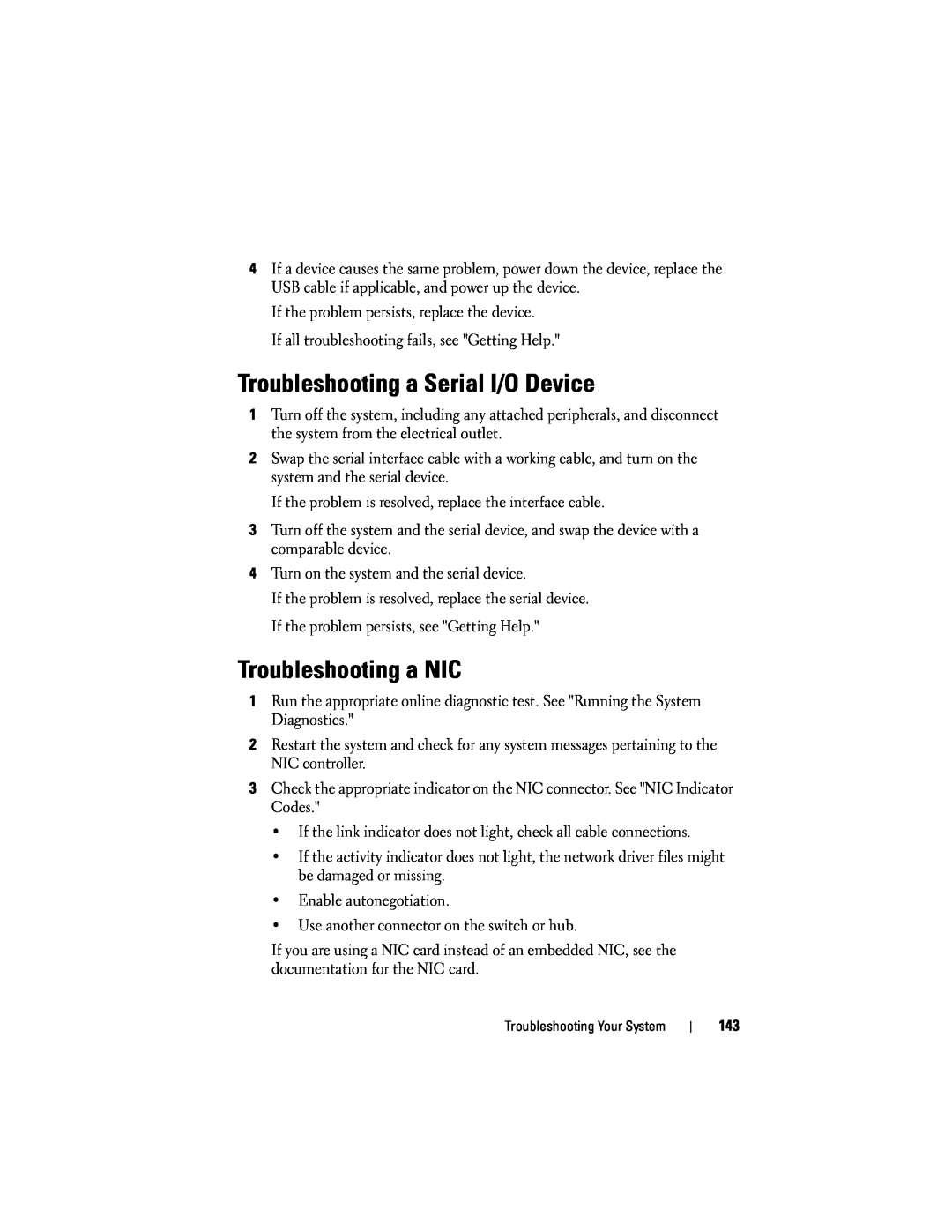 Dell R610 owner manual Troubleshooting a Serial I/O Device, Troubleshooting a NIC 